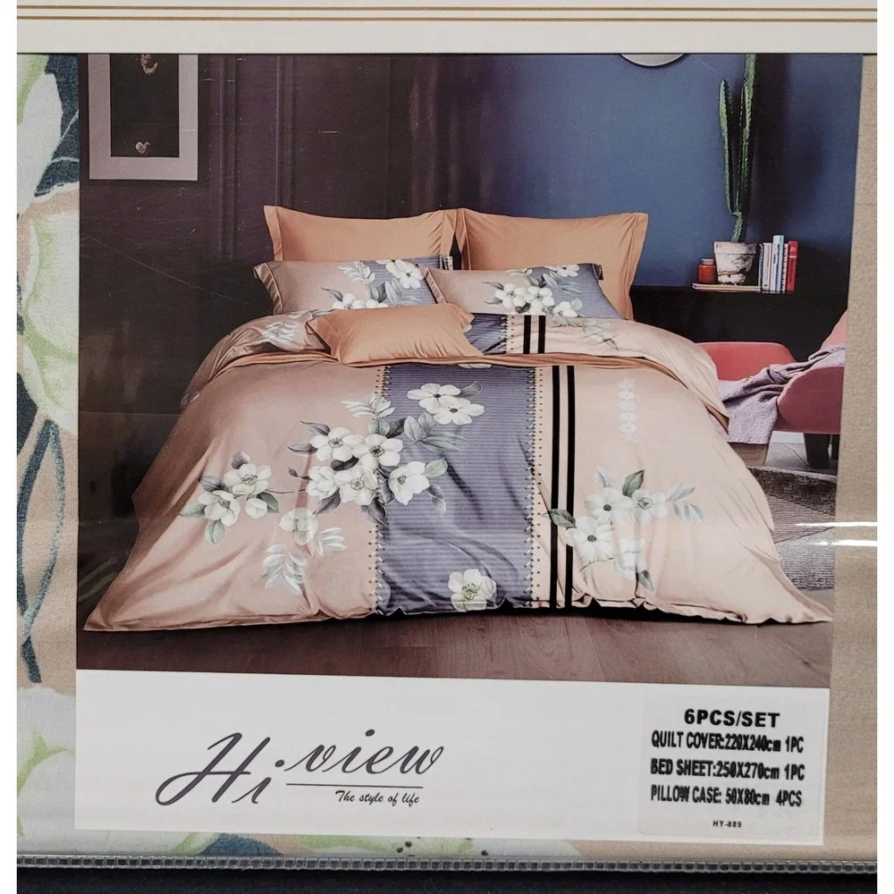 Italian Fashion Queen Size Duvet Cover Set 6 Pcs Design #HY-889 Blue/BeigeFloral